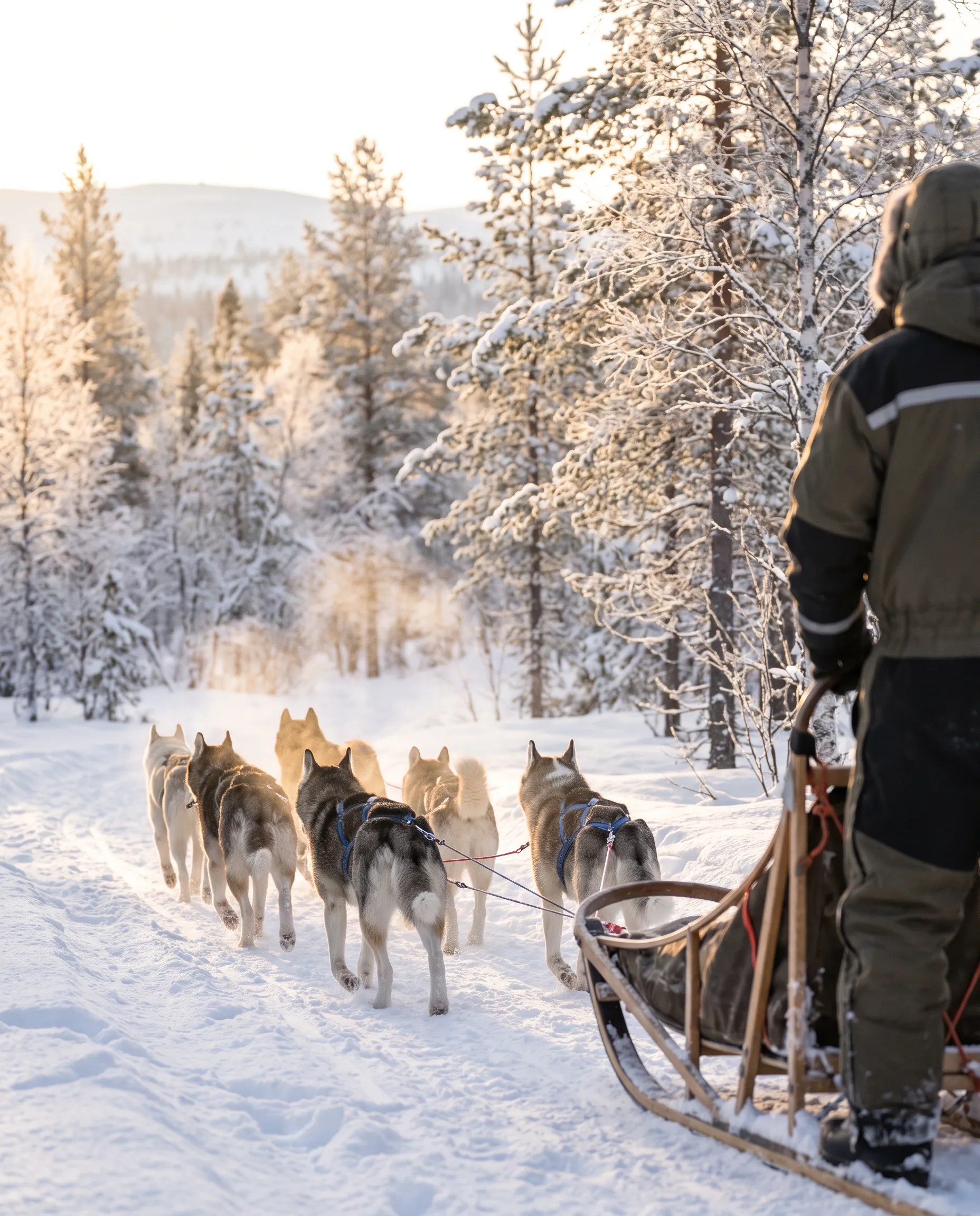 A team of huskies pulling a sled through snowy forest in low winter sun